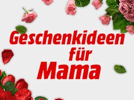 Schriftzug „Geschenkideen für Mama“ mit Rosen auf hellem Hintergrund
