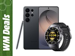 Smartphone und Smartwatch vor weißem Hintergrund, links mit grünem „WM Deals“-Rand.