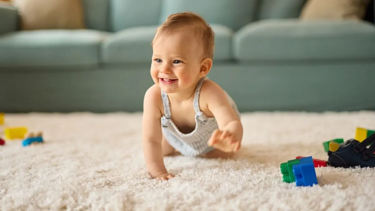 Lächelndes Baby in hellblauem Overall krabbelt auf weißem Teppich. Buntes Spielzeug, blauer Schuh, hellblaues Sofa im Hintergrund.