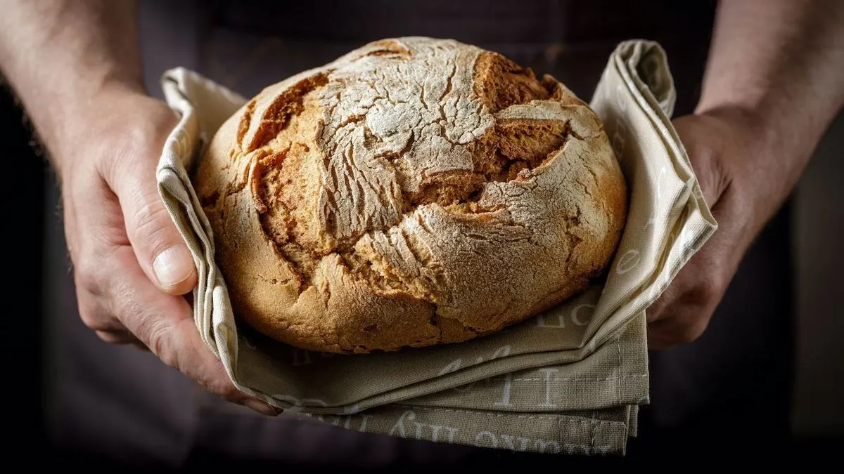 Frisch gebackenes rundes Brot wird in einem Tuch gehalten