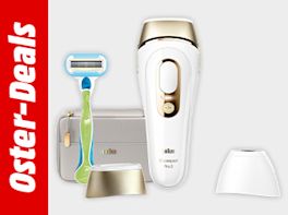 Bild mit grauem Hintergrund. Links davon steht "Oster-Deals" in weißer Schrift vor rotem Hintergrund. Rechts davon ein IPL-Haarentfernungsgerät in Goldakzenten, passender Aufbewahrungstasche, Aufsatz und Nassrasierer.