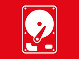 Bild mit rotem Hintergrund, darauf ein Piktogramm in weiß von einer Festplatte