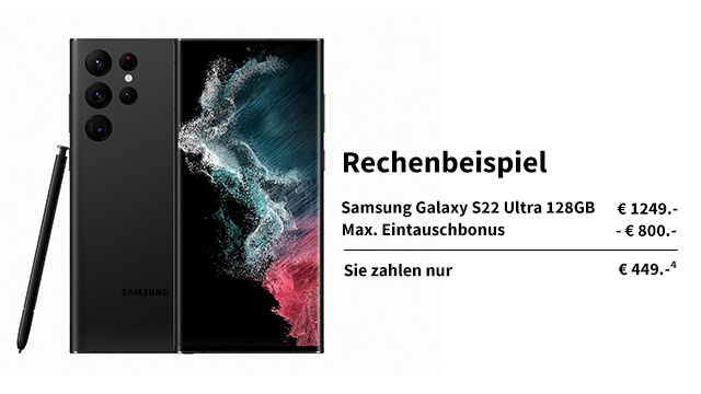 Ein schwarzes Samsung Galaxy S22 Ultra mit Stift, daneben ein Text mit Preisangaben.