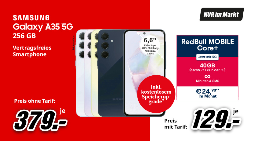 Werbung für das Samsung Galaxy A35 5G in Weiß, Gelb und Dunkelblau mit Red Bull Mobile Tarif auf rotem Hintergrund.