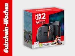 Werbebanner zu den Gutschein-Wochen mit einer originalverpackten Nintendo Switch 2 Konsole vor grauem Hintergrund