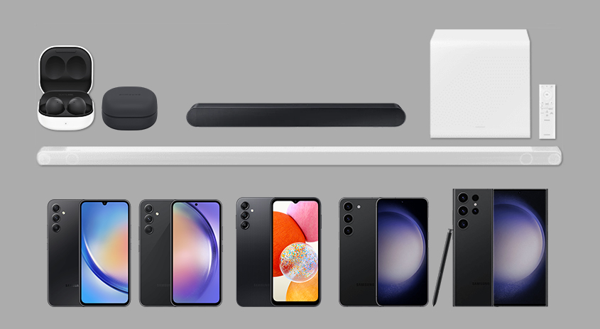 Auf grauem Grund: Kopfhörer, Soundbars, Subwoofer, Fernbedienung und Smartphones mit Bildschirmen.