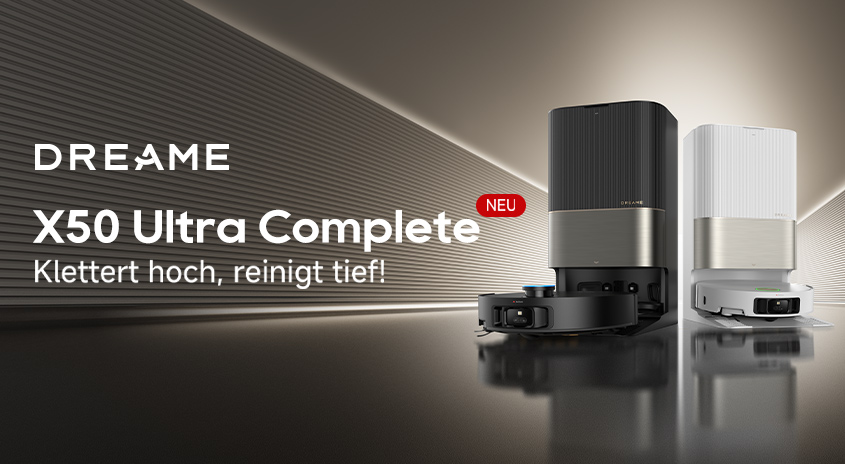 Auf glänzendem Boden stehen ein grauer und ein weißer Saugroboter mit passenden Ladestationen. Im Hintergrund ist der Text "DREAME X50 Ultra Complete" zu sehen.