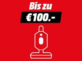Roter Hintergrund mit Text: Bis zu € 100,-. Darunter ein Iconbild von einem Stiel-Staubsauger.