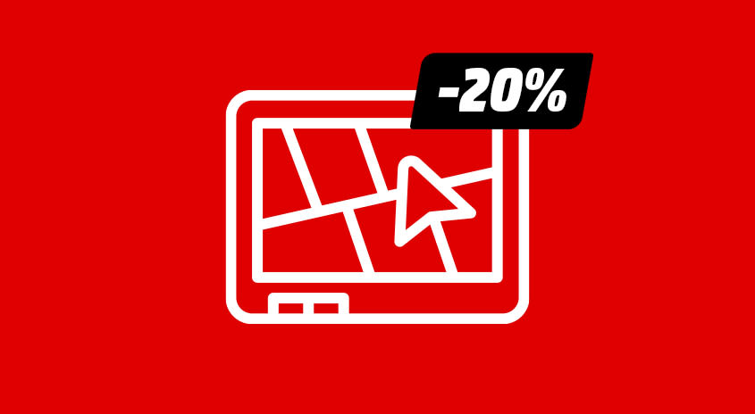 Bild mit rotem Hintergrund. Darauf ist ein weißes Piktogramm eines Navigationsgerätes zu sehen mit einem Einklinker mit dem Text: -20%.