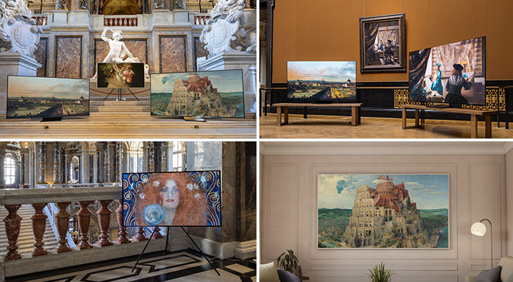  In einem klassischen Museum mit Marmorsäulen, in einer modernen Galerie mit Holzmöbeln, in einem eleganten Palast mit Säulengang und in einem hellen Wohnzimmer. Auf den TV-Bildschirmen sind Kunstwerke und Landschaftsbilder zu sehen.