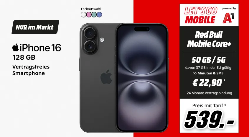 Apple iPhone 16, 128 GB, verschiedene Farben, vertragsfrei im Markt, mit Let's Go Mobile powered by A1 Red Bull Mobile Core+ Tarif um € 539,-