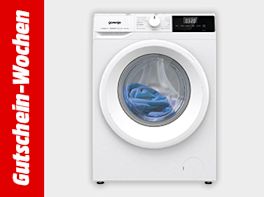 Werbebanner zu den Gutschein-Wochen mit einer Waschmaschine vor grauem Hintergrund.