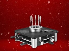 Ein Produktbild von einem 3in1 Multifunktionsgerät: Raclette-Grill / Fondue-Topf und elektrischer Indoor-Grill vor rot-weihnachtlichem Hintergrund.