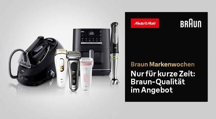 Braun-Geräte: Dampfbügelstation, IPL-Haarentferner, Rasierer, Fritteuse, Stabmixer. Werbebanner rechts mit "Braun Markenwochen".