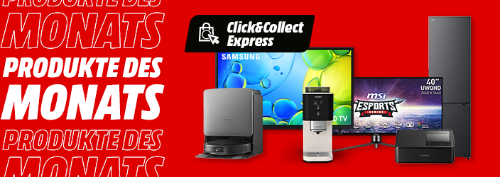 Mehrere Technikprodukte wie Fernseher, Monitor, Kühlschrank und Kaffeemaschine vor rotem Hintergrund. Text: „Produkte des Monats“ und „Click&Collect Express