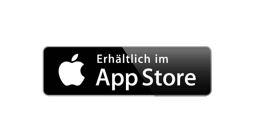 Schwarzer Button mit dem weißen Apple Logo und dem Text "Erhältlich im App Store" auf weißem Hintergrund.