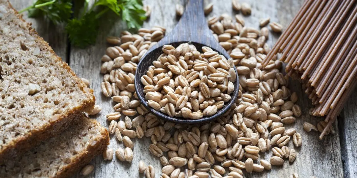 Vollkornbrot, rohe Getreidekörner auf einem Holzlöffel und daneben braune Vollkornspaghetti auf einem Holztisch arrangiert.