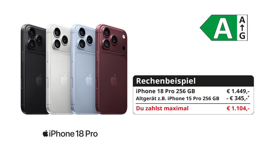 Vier iPhone-18-Pro-Modelle in Schwarz, Weiß, Hellblau und Dunkelrot. Daneben ein Rechenbeispiel: 1.449 Euro Kaufpreis abzüglich 345 Euro für ein Altgerät, maximaler Zahlbetrag 1.104 Euro. 