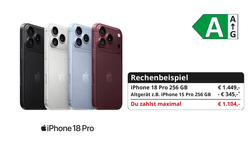 Vier iPhone-18-Pro-Modelle in Schwarz, Weiß, Hellblau und Dunkelrot. Daneben ein Rechenbeispiel: 1.449 Euro Kaufpreis abzüglich 345 Euro für ein Altgerät, maximaler Zahlbetrag 1.104 Euro.