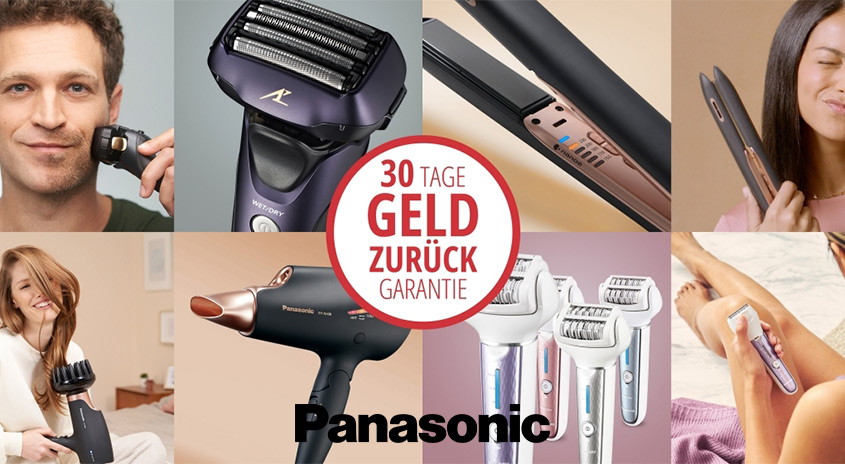 Collage zeigt Panasonic-Produkte: Rasierer, Haartrockner, Glätteisen und Epilierer. „30 Tage Geld zurück“-Garantie-Aufkleber.