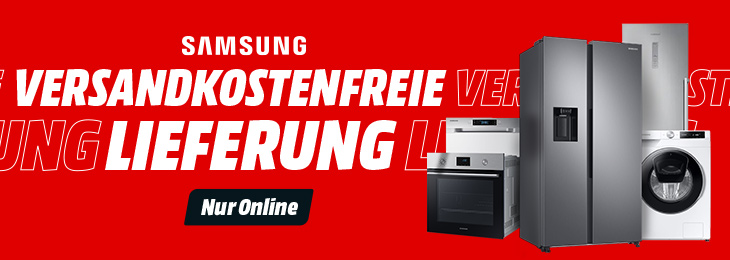 Samsung Versandkostenfreie Lieferung Banner - rote Werbegrafik mit Samsung Haushaltsgeräten (Kühlschrank, Backofen, Geschirrspüler, Waschmaschine) und Text 'Für alle Haushaltsgroß- & Einbaugeräte von Samsung, Nur Online