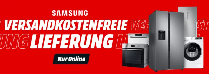 Samsung Versandkostenfreie Lieferung Banner - rote Werbegrafik mit Samsung Haushaltsgeräten (Kühlschrank, Backofen, Geschirrspüler, Waschmaschine) und Text 'Für alle Haushaltsgroß- & Einbaugeräte von Samsung, Nur Online