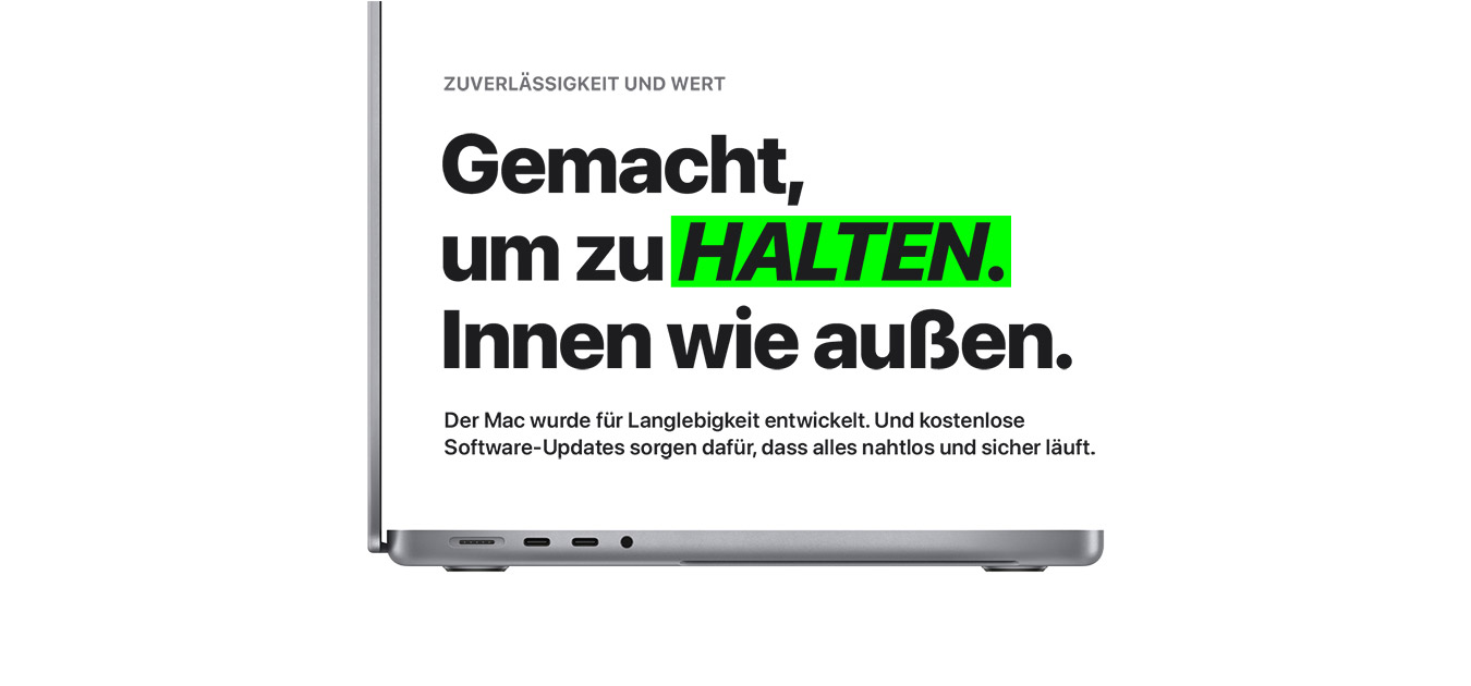Silberner Laptop mit Text "Gemacht, um zu HALTEN. Innen wie außen" auf weißem Hintergrund.