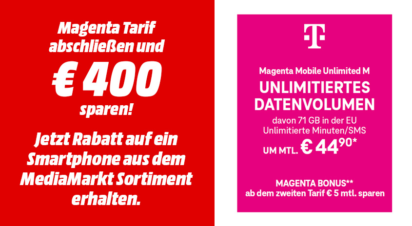 Grafik für einen Magenta-Tarif: 400 Euro Rabatt auf ein Smartphone aus dem MediaMarkt Sortiment; Tarif ‚Magenta Mobile Unlimited M‘ mit unbegrenztem Datenvolumen und 44,90 Euro monatlich.