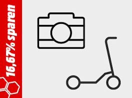 Kamera und E-Scooter. Symbol für Aktionsmodelle aus dem Bereich "Foto & Freizeit" bei denen man jetzt 16,67% sparen kann.