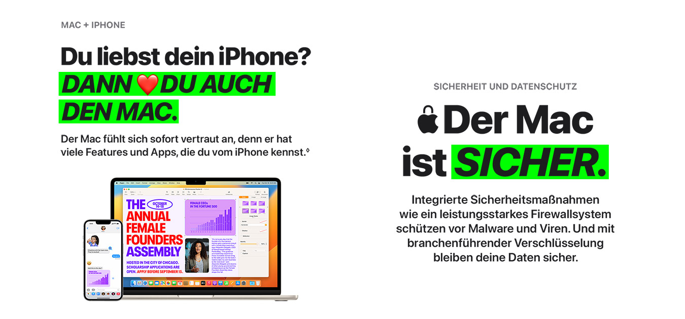 Ein MacBook und ein iPhone zeigen die "Female Founders Assembly"-Website. Text wirbt für den Mac als sichere, vertraute Ergänzung.