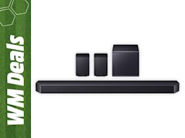Eine Soundbar vor weißem Hintergrund, links mit grünem „WM Deals“-Rand.