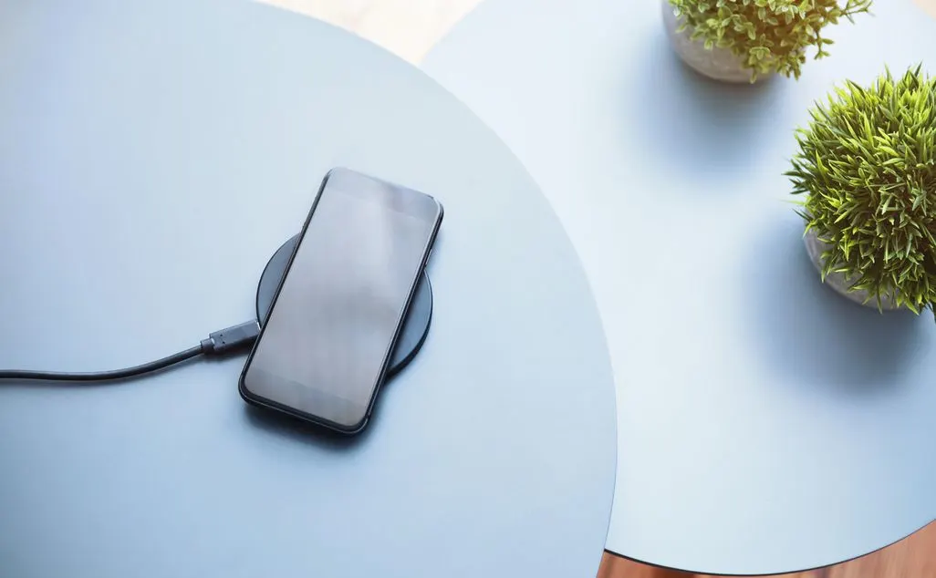Smartphone liegt auf einer kabellosen Ladestation auf einem Tisch neben zwei kleinen Pflanzen.