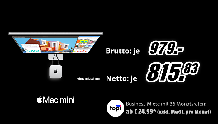 Grafik zu Apple Mac mini (ohne Bildschirm) mit angeschlossenem Monitor. Brutto-Preis 979,- Euro, Netto-Preis 815,83 Euro. Business-Miete mit 36 Monatsraten ab 24,99 Euro exkl. MwSt. pro Monat über topi.