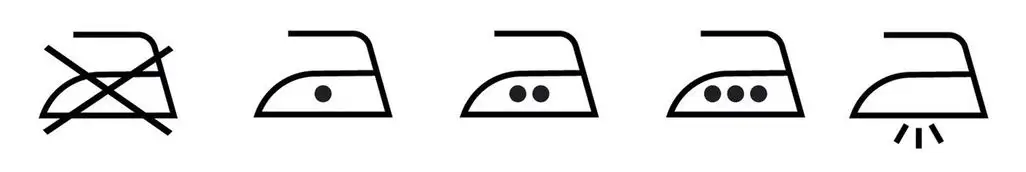 Textilpflege-Symbole für das Bügeln: Nicht bügeln, niedrige bis hohe Bügeltemperaturen und Dampfbügeln.
