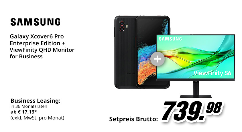 Ein schwarzes Smartphone und ein Monitor mit farbenfrohem Bildschirm, beworben als Setpreis.