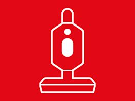 Bild mit rotem Hintergrund, darauf ein Piktogramm in weiß von einem Staubsauger