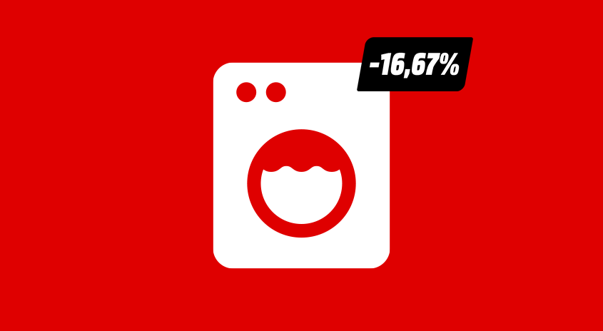 Grafik mit einer weißen Waschmaschine auf rotem Hintergrund. Oben rechts steht in einem schwarzen Einklinker die Aussage„-16,67 %“.