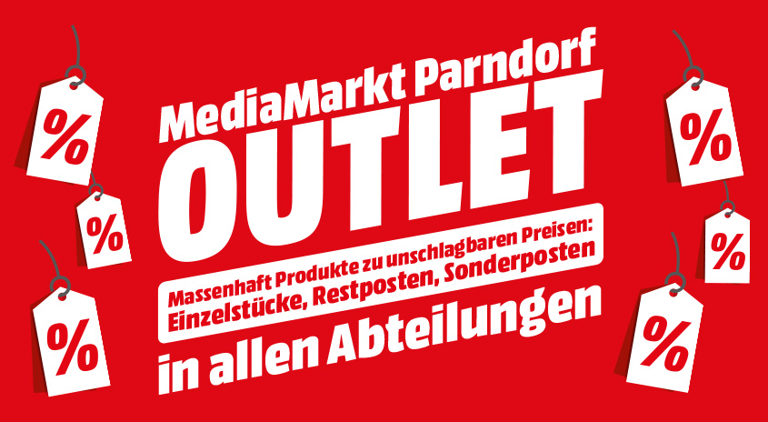 Roter Hintergrund mit weißem Text "MediaMarkt Parndorf Outlet" und Angebotsdetails. Weiße Preisschilder mit roten Prozentzeichen sind abgebildet.