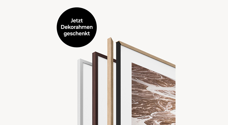 Samsung The Frame TV mit verschiedenen Rahmenoptionen in weiß, braun und beige, "Jetzt Dekorahmen geschenkt" Aktion