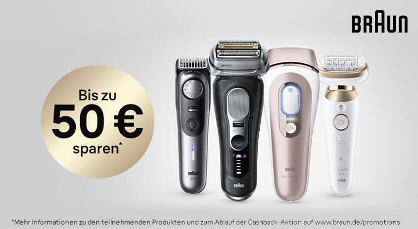  Braun-Werbung: Vier elektrische Rasier- und Beauty-Geräte nebeneinander, links Kreis mit „Bis zu 50 € sparen*“, oben rechts das Braun-Logo.