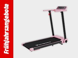 Bild mit hellgrauem Hintergrund und einem roten Streifen links und weißem Text "Frühlahrsangebote"; rechts im Bild ein Laufband