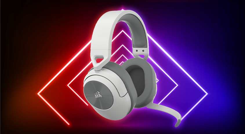 Ein weißes und graues Headset mit einem roten und blauen geometrischen Hintergrund.