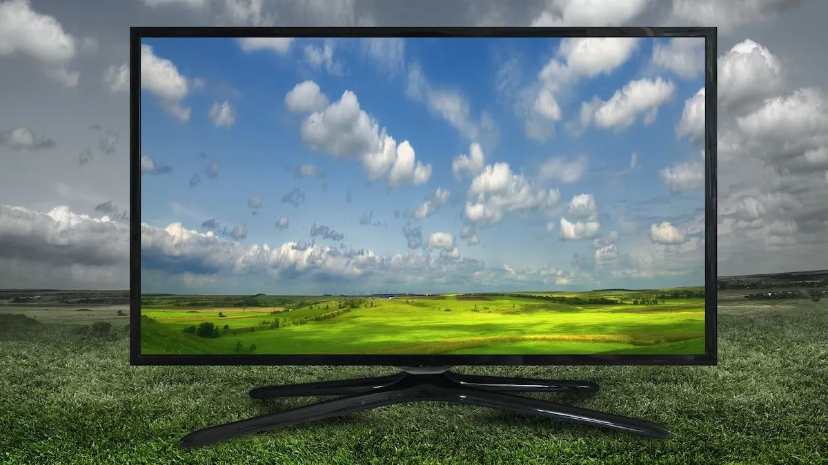 Fernseher zeigt farbenfrohe Landschaft mit grünen Wiesen und blauem Himmel.