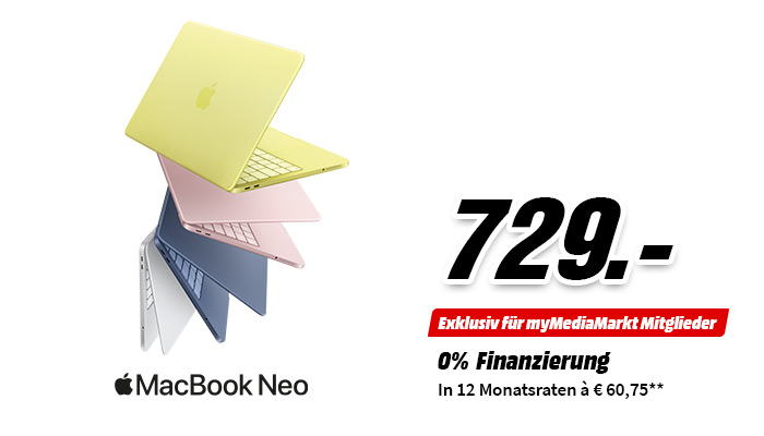 Apple MacBook Neo in fünf Farben für 729 Euro. Exklusiv für myMediaMarkt Mitglieder: 0% Finanzierung in 12 Monatsraten à 60,75 Euro.