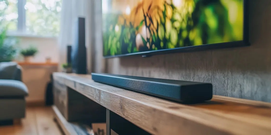 Schwarze Soundbar auf einem Holz-TV-Möbel, davor ein Fernseher mit grüner Landschaft, mit Betonwand und Fenster im Hintergrund.