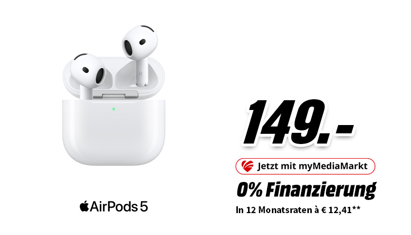 Apple AirPods 5 mit Ladecase für 149 Euro, mit myMediaMarkt: 0% Finanzierung in 12 Raten à 12,41 Euro