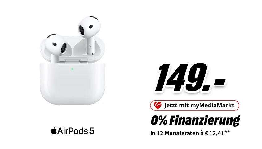 Apple AirPods 5 mit Ladecase für 149 Euro, mit myMediaMarkt: 0% Finanzierung in 12 Raten à 12,41 Euro