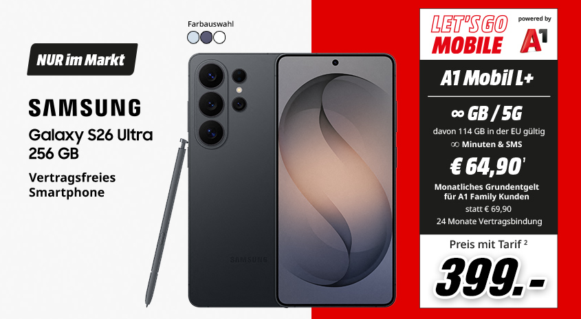 Samsung S26 Ultra mit Let's Go Mobile A1 Mobile L+ um 399€