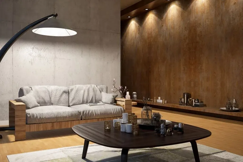 Modernes Wohnzimmer mit Spots an der Wand und großer Stehlampe.