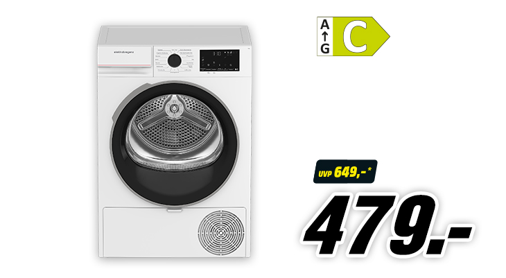 Weißer Frontlader-Wäschetrockner mit rundem Bullauge und Display, Energieeffizienzklasse C, statt UVP 649 Euro jetzt für 479 Euro.